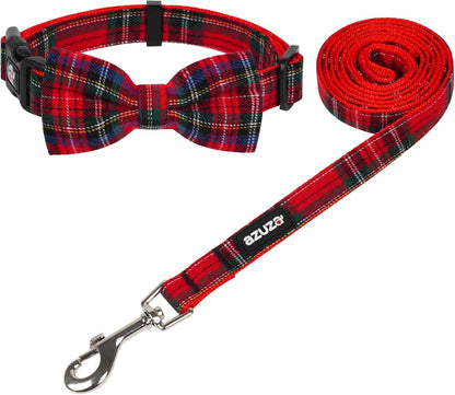 Christmas Dog Collar and Leash Set, Classic Plaid Collar with Removable Bowtie and Matching Leash for Small Medium and Large Dogs